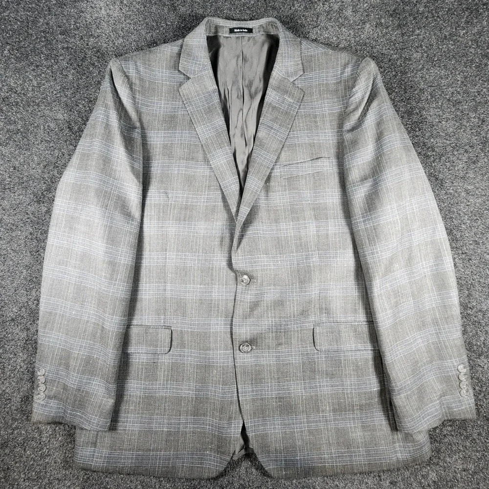 Joseph & Feiss Sport Coat Mens 46L Grey Windowpane‎ Wool Silk Linen Blazer